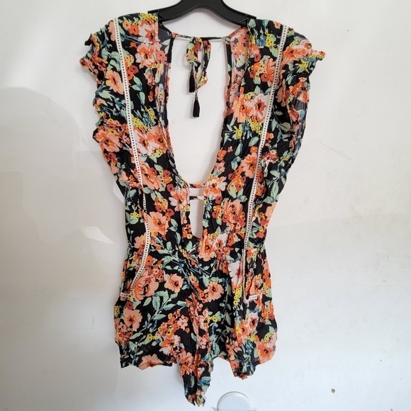 Lucky Brand Orange Floral Flutter Short Sleeve Plunge V Neck Romper Shorts Med - Picture 3 of 12